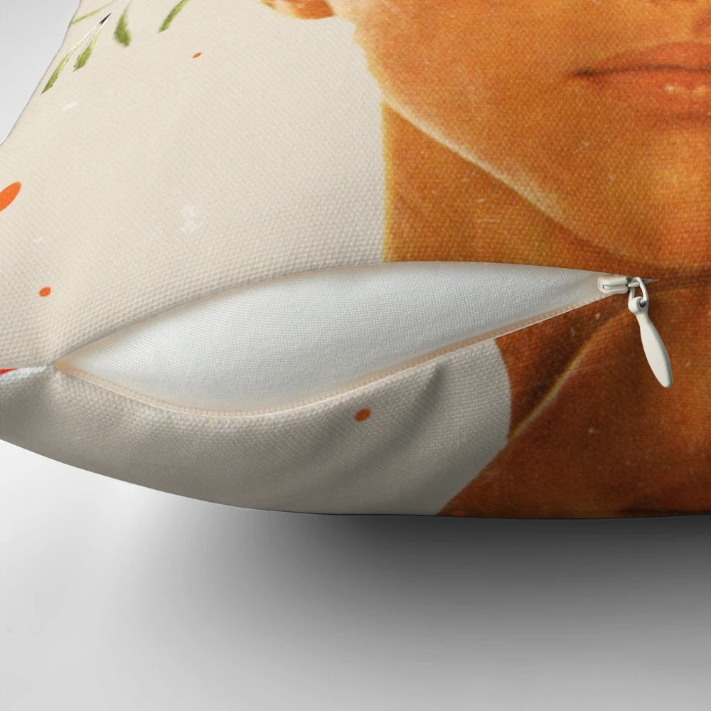 A vibrant, surreal pillow featuring a woman's face adorned with a colorful flower crown design.