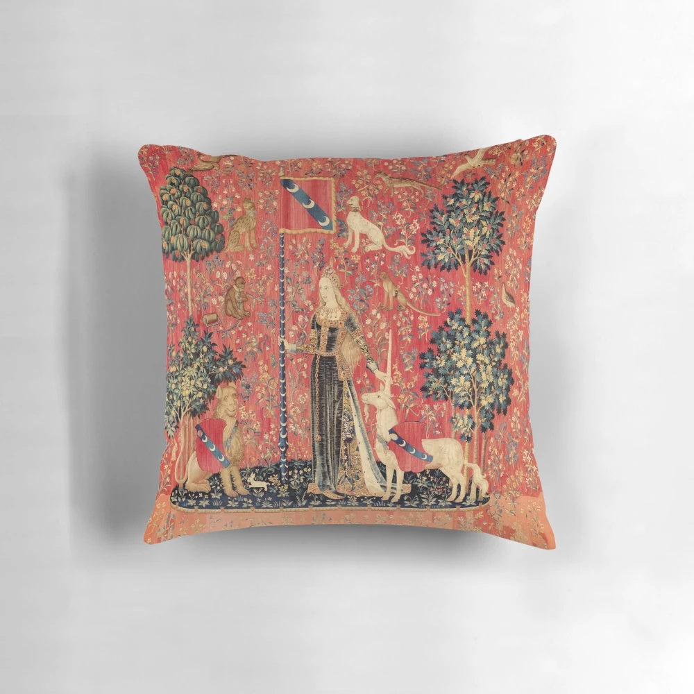 Artistic floral pillow with a fantasy unicorn illustration in a vintage, gothic style.