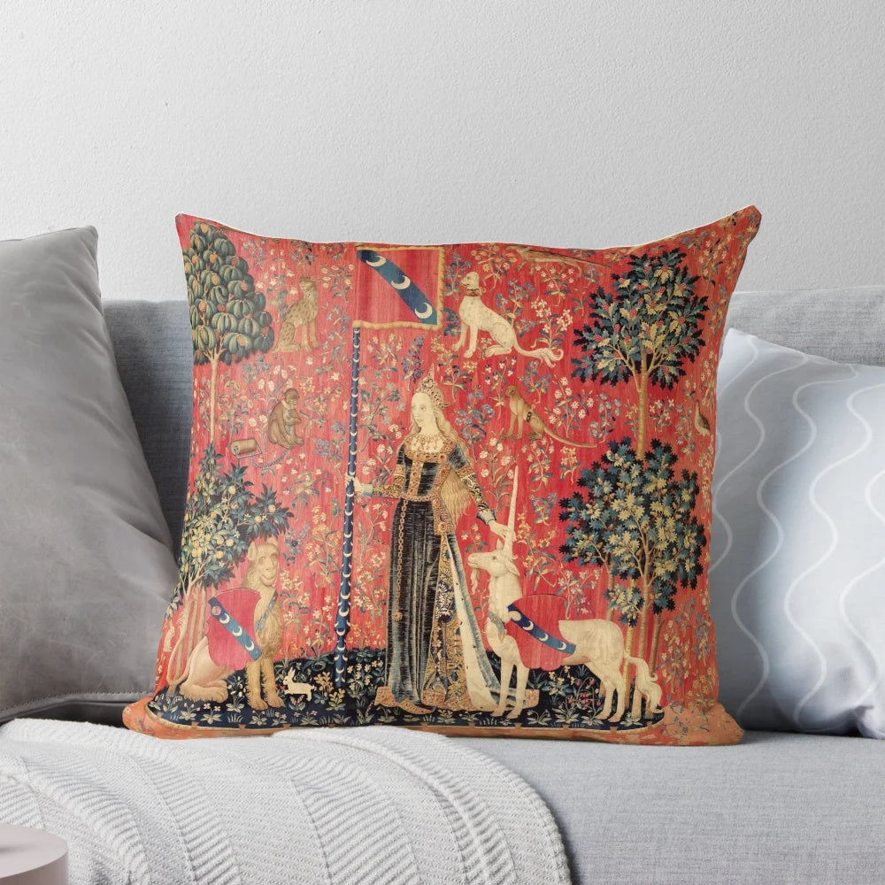 Artistic floral pillow with a fantasy unicorn illustration in a vintage, gothic style.