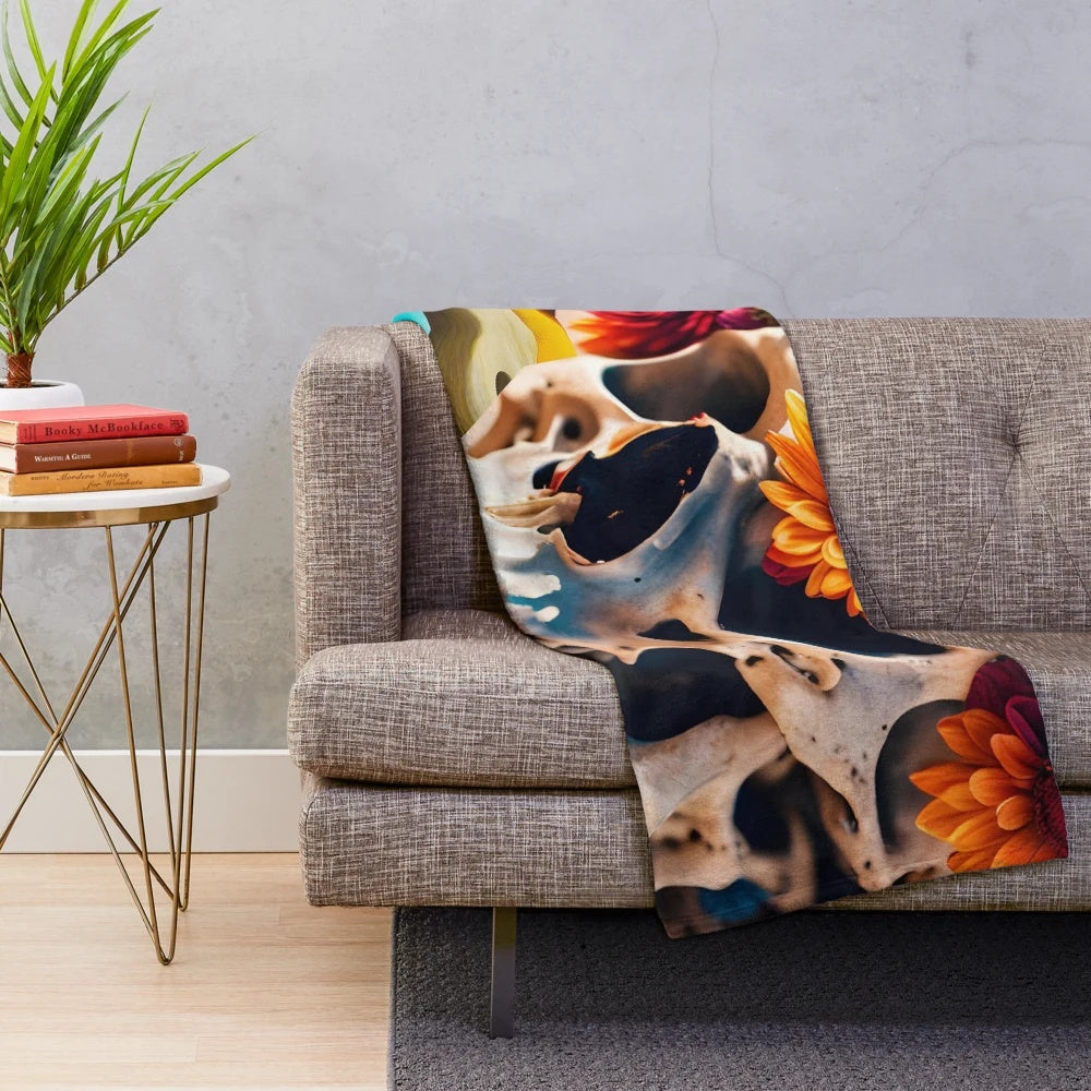 Colorful plush blanket featuring a skull design with flowers