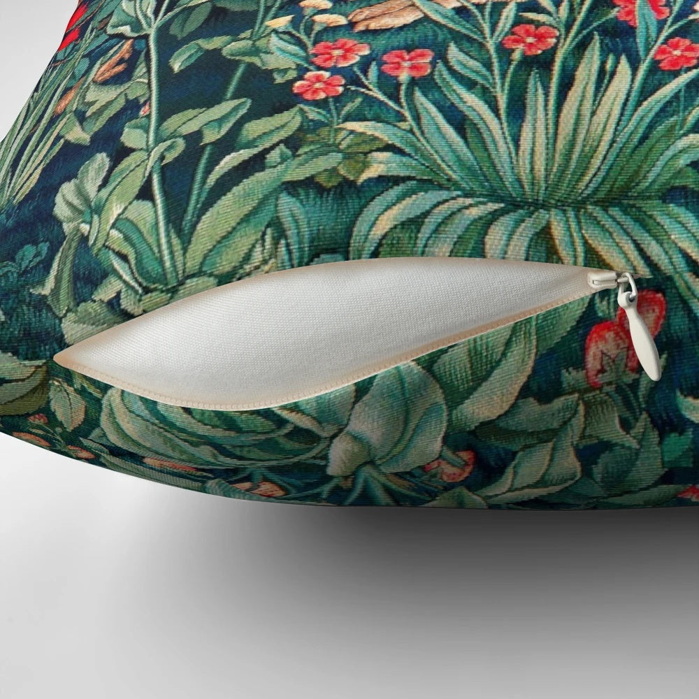 Vibrant floral tapestry pillow featuring hares and other forest animals in a nature-inspired design.