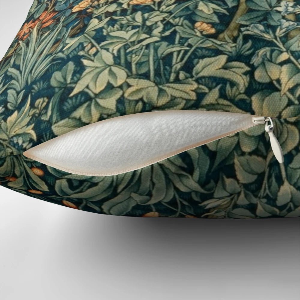 Vibrant green floral tapestry pillow with deer and birds in a serene forest setting