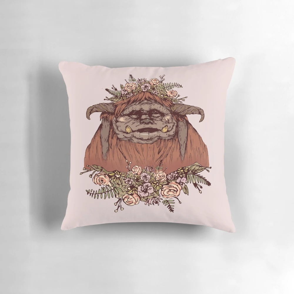 Flower crown adorned Ludo pillow, inspired by the beloved Jim Henson film Labyrinth