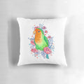 A beautiful pillow featuring a watercolor-style illustration of a pair of lovebirds surrounded by vibrant flowers.