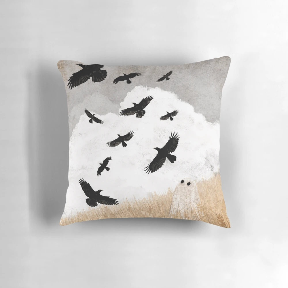 Vintage-inspired decorative pillow featuring a flock of flying crows against an autumn landscape