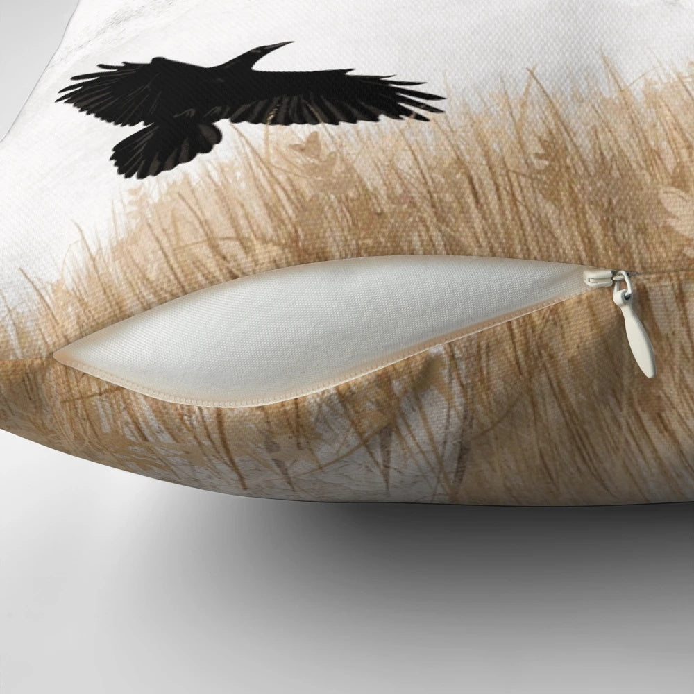 Vintage-inspired decorative pillow featuring a flock of flying crows against an autumn landscape