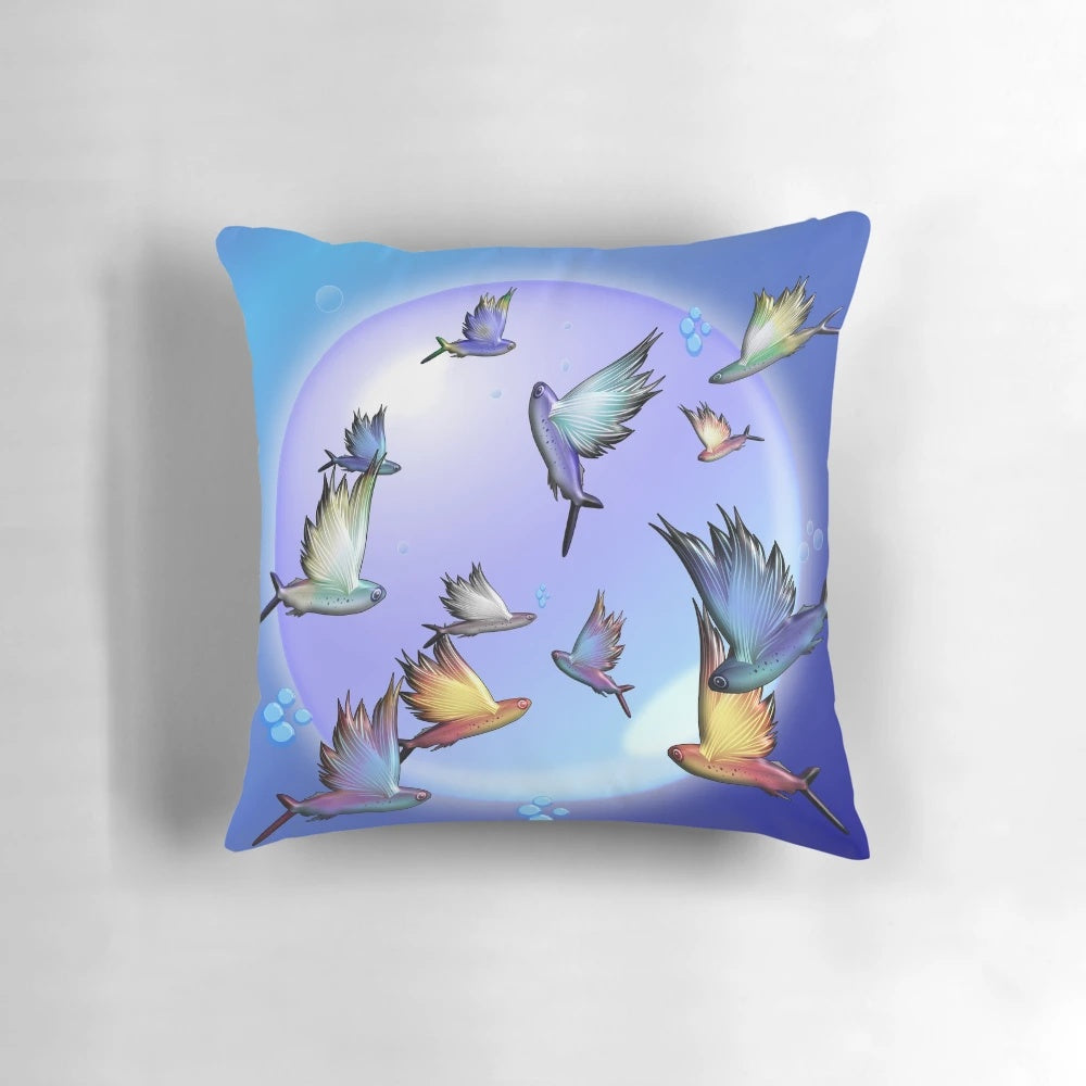 Playful pillow featuring whimsical flying sardines against a vibrant ocean backdrop