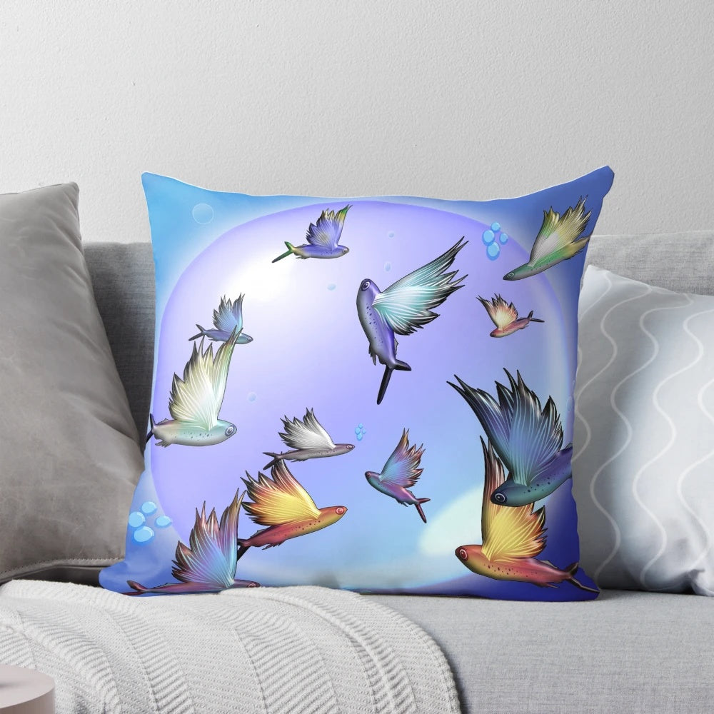 Playful pillow featuring whimsical flying sardines against a vibrant ocean backdrop