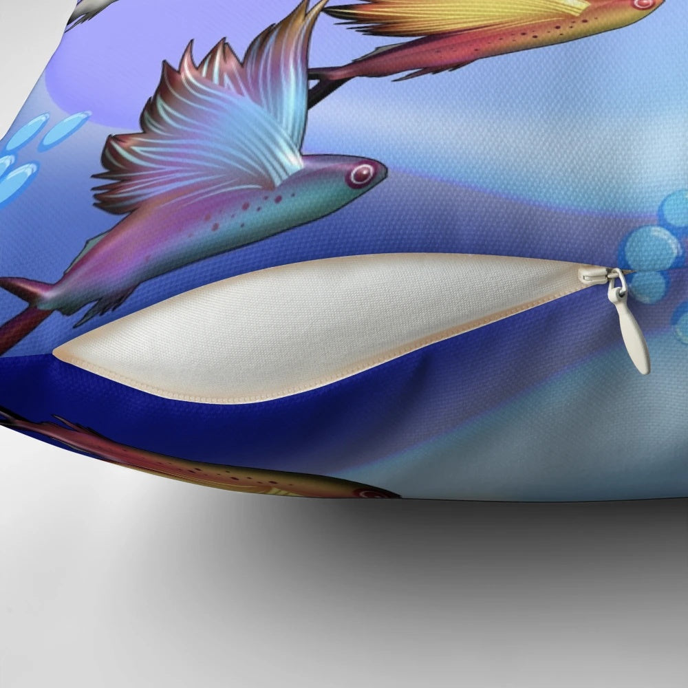 Playful pillow featuring whimsical flying sardines against a vibrant ocean backdrop