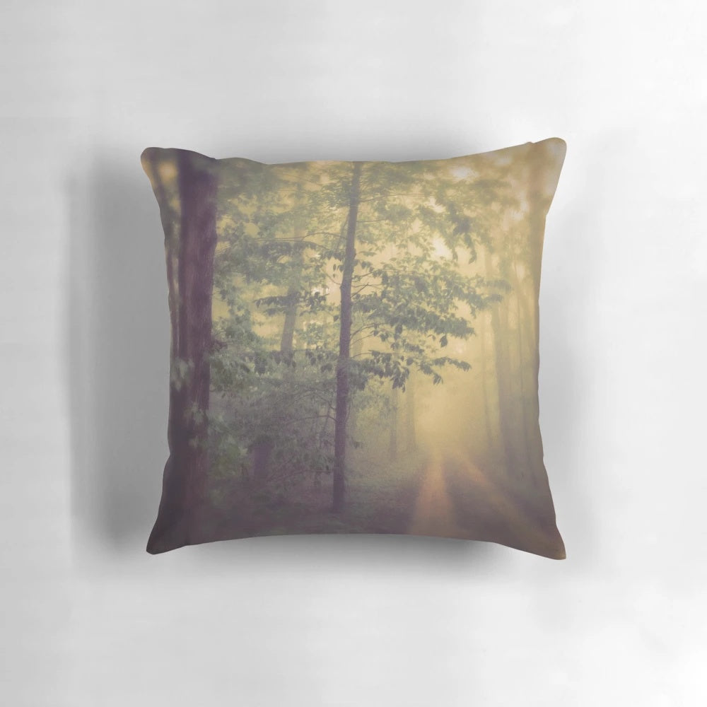 Ethereal and dreamy pillow featuring a foggy, misty forest landscape in Michigan