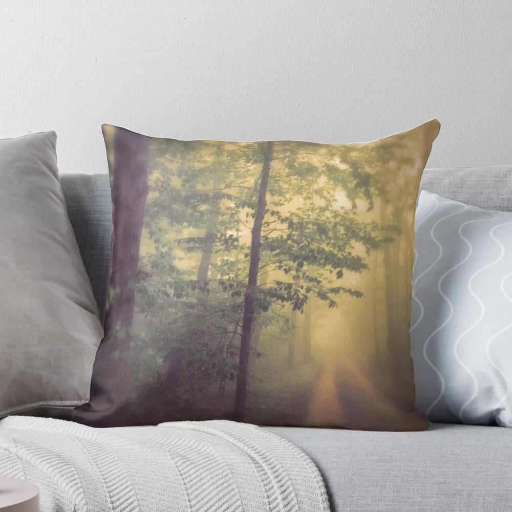 Ethereal and dreamy pillow featuring a foggy, misty forest landscape in Michigan