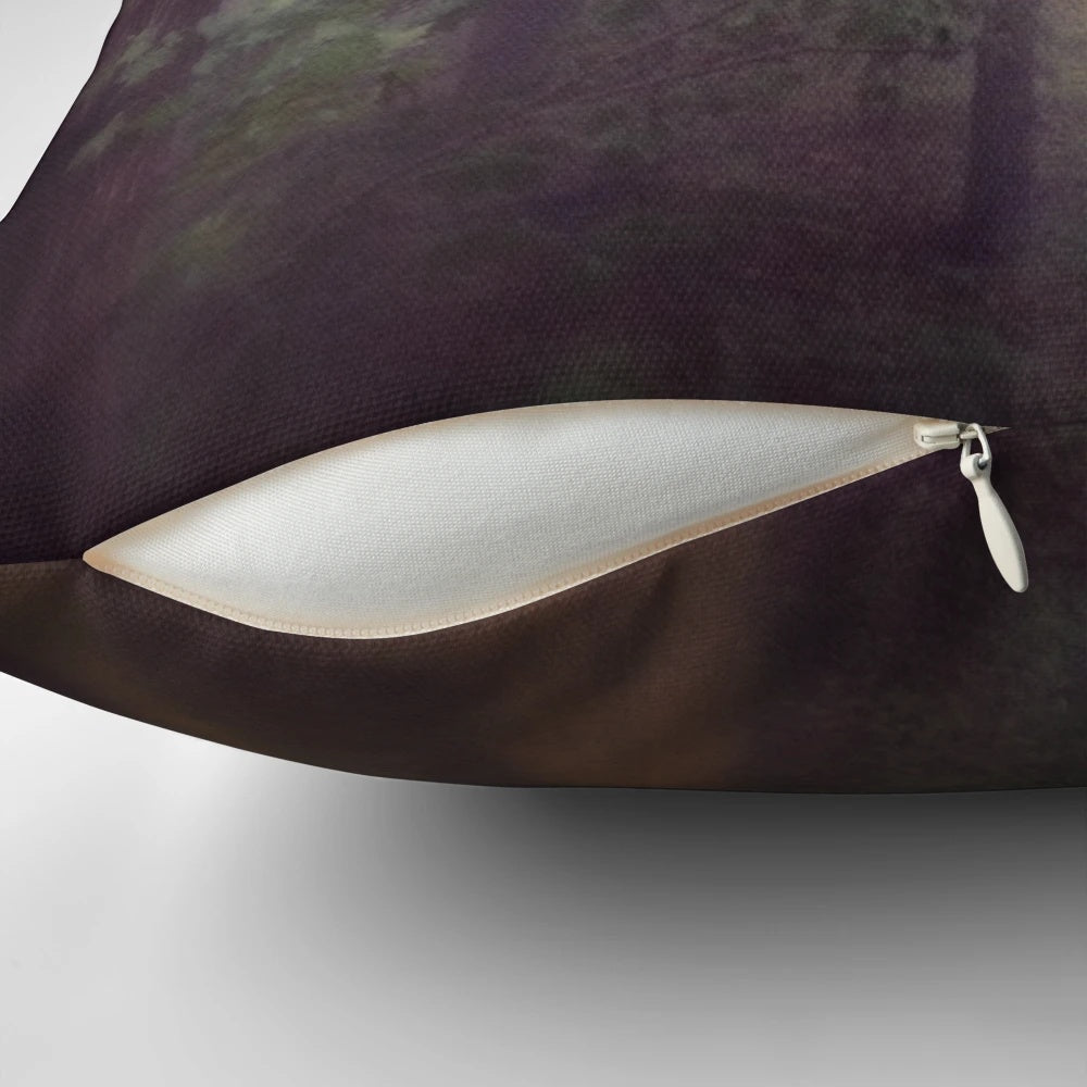 Ethereal and dreamy pillow featuring a foggy, misty forest landscape in Michigan