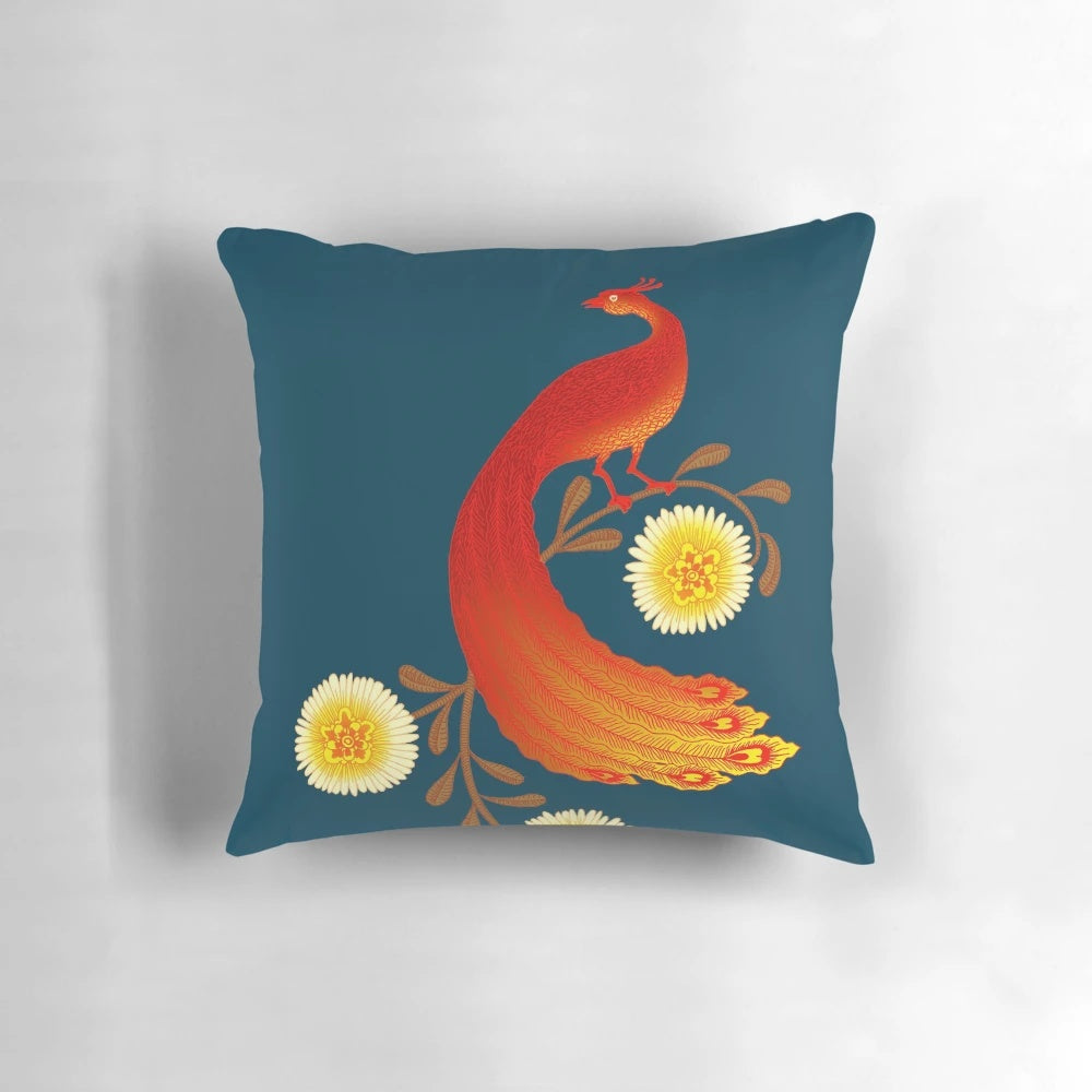 Colorful decorative accent pillow featuring a vibrant folk art inspired firebird or phoenix design in shades of red and gold.