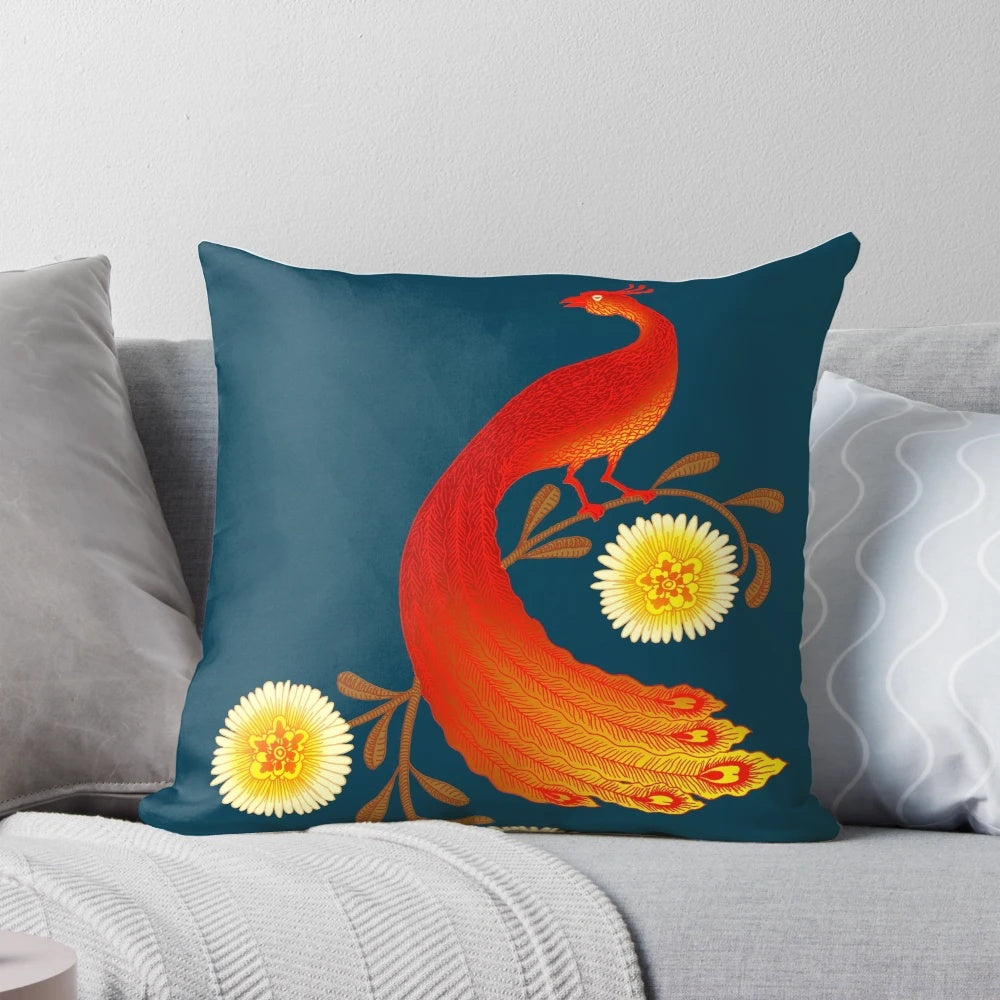 Colorful decorative accent pillow featuring a vibrant folk art inspired firebird or phoenix design in shades of red and gold.