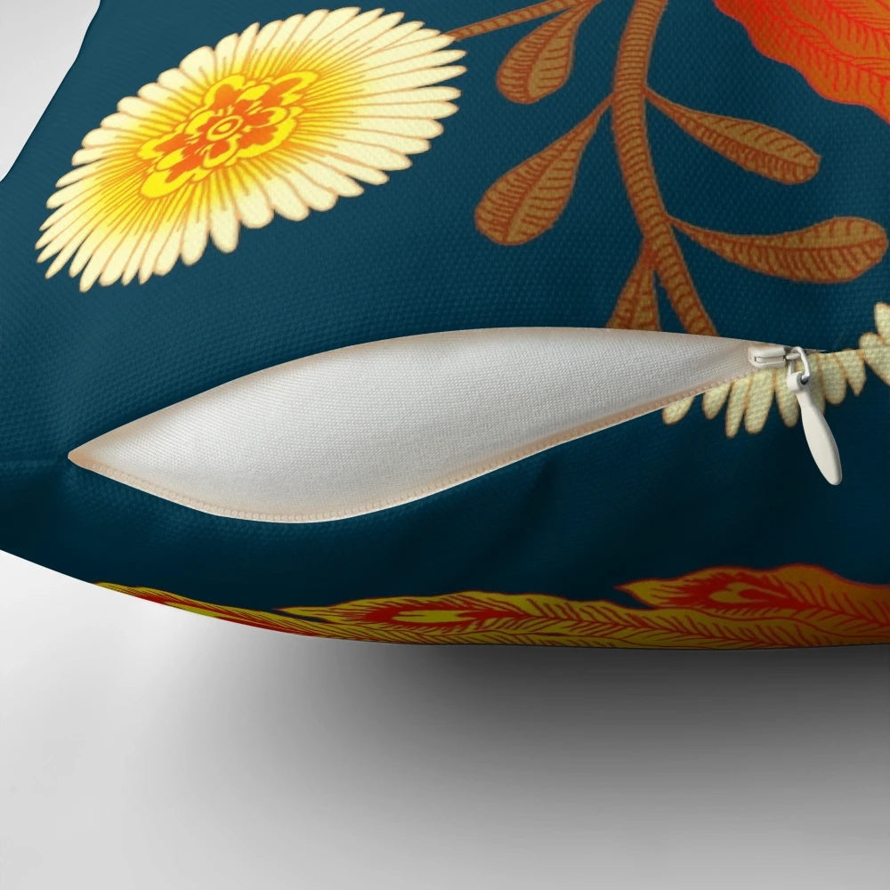 Colorful decorative accent pillow featuring a vibrant folk art inspired firebird or phoenix design in shades of red and gold.