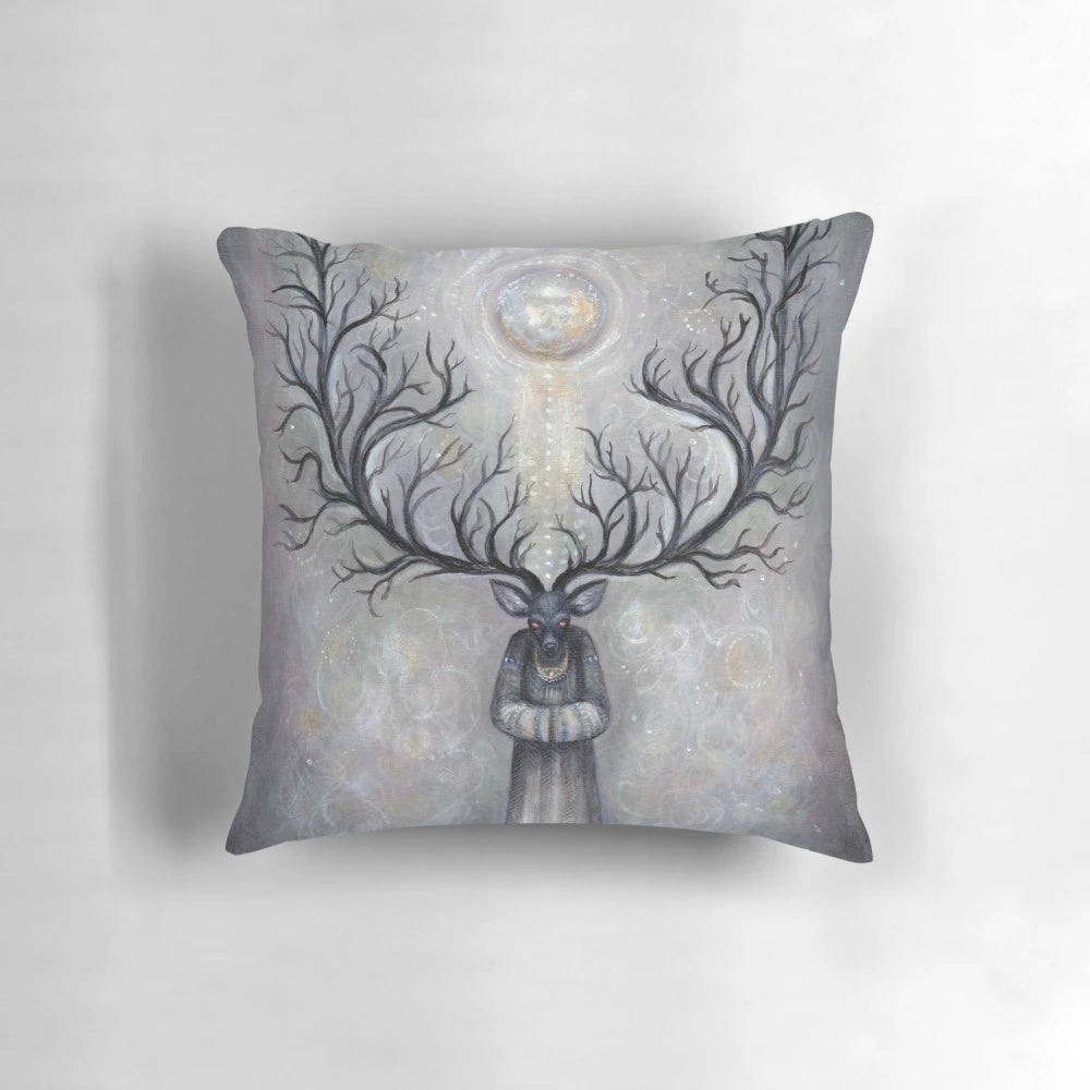 Forest Guardian Pillow featuring a mystical deer-like creature, perfect for nature and pagan-inspired home decor.