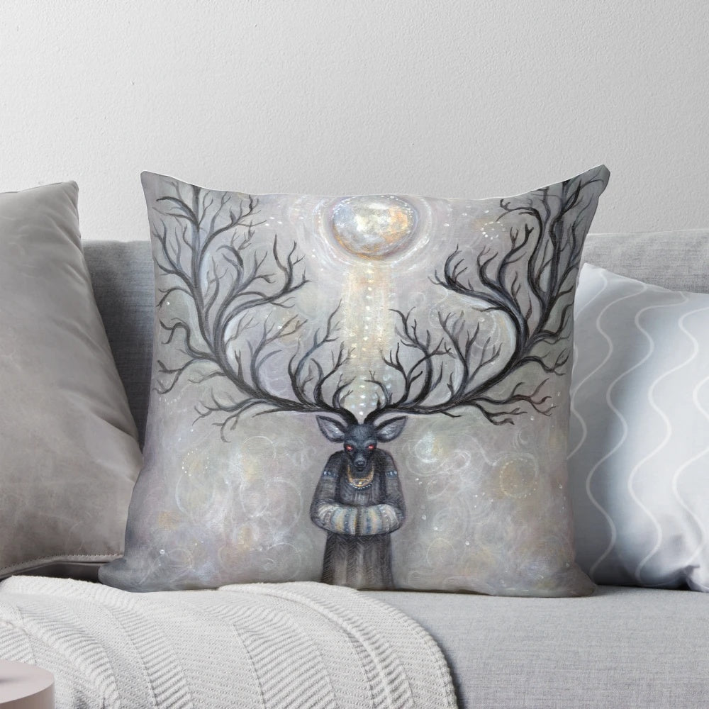 Forest Guardian Pillow featuring a mystical deer-like creature, perfect for nature and pagan-inspired home decor.