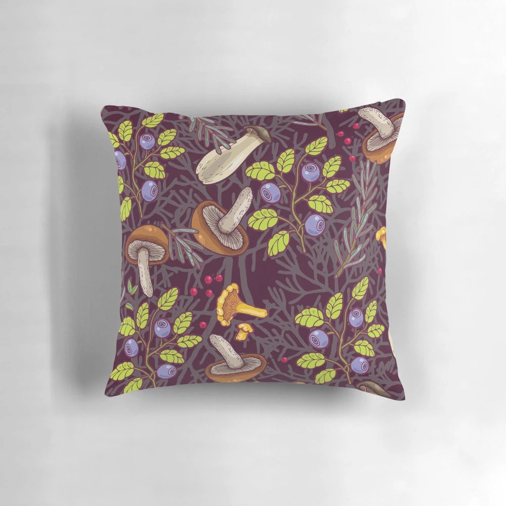 A forest-themed pillow featuring a captivating mushroom and leaf pattern, perfect for nature enthusiasts.