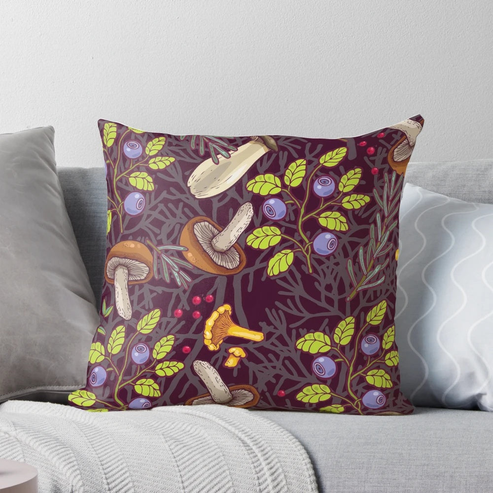A forest-themed pillow featuring a captivating mushroom and leaf pattern, perfect for nature enthusiasts.