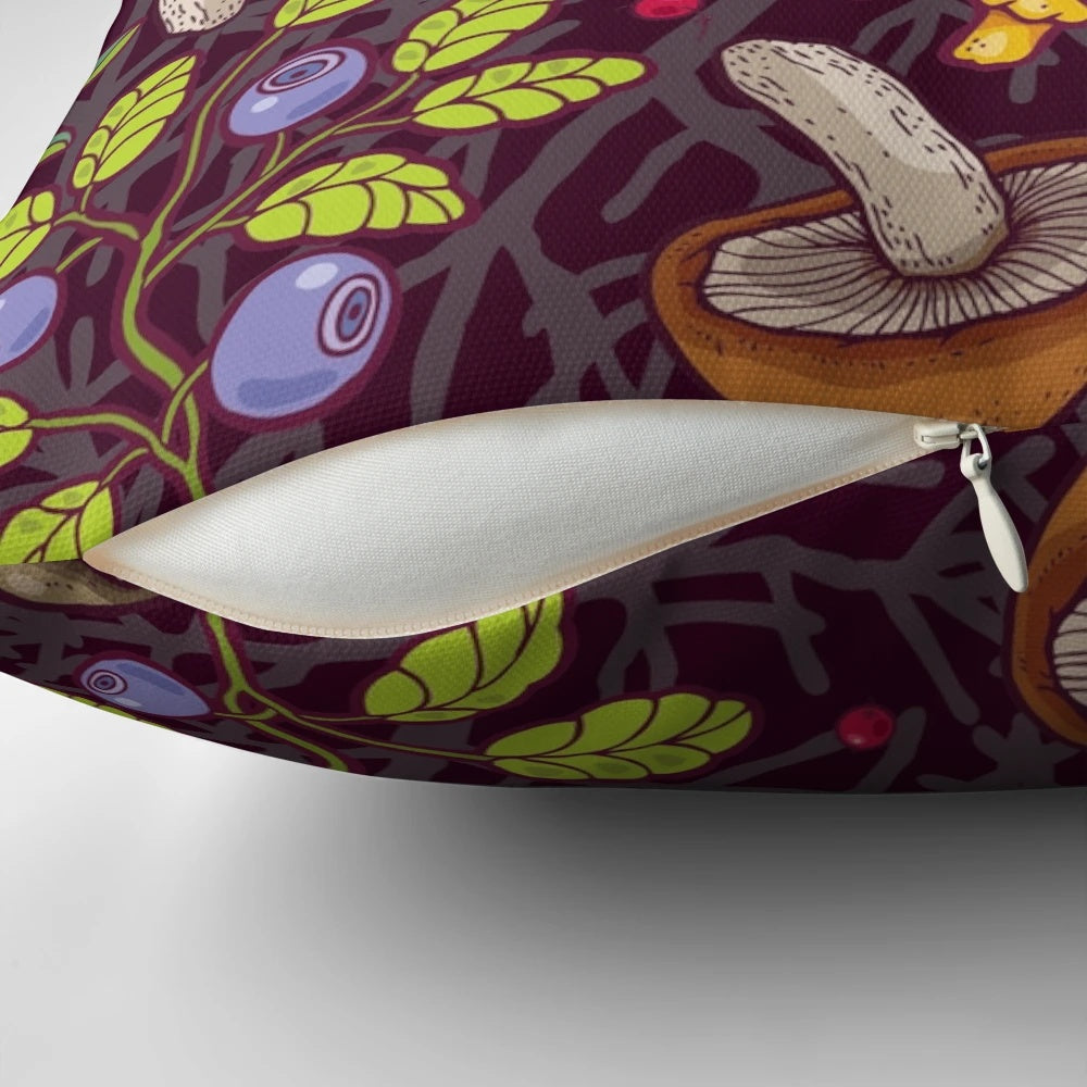 A forest-themed pillow featuring a captivating mushroom and leaf pattern, perfect for nature enthusiasts.