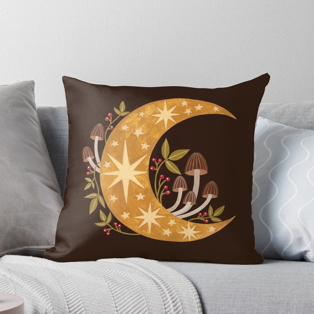 A cozy pillow featuring a mystical forest and glowing autumn moon design
