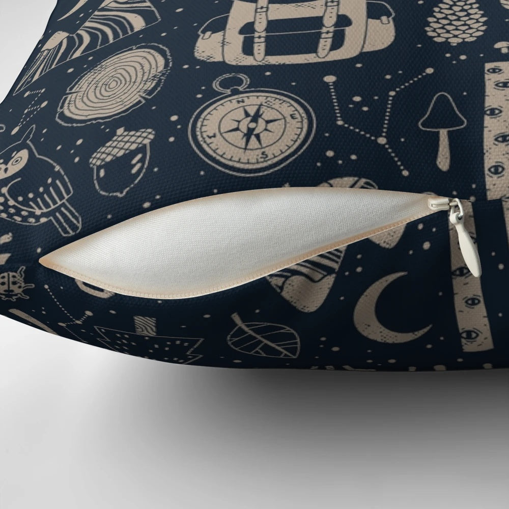 Cozy forest-themed pillow with nature-inspired design featuring trees, campfire, and wildlife