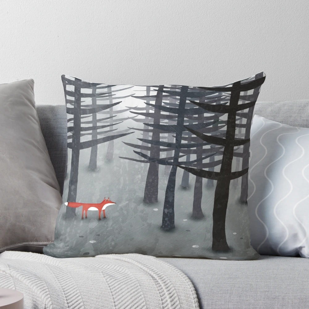 Vibrant red fox in a lush forest landscape adorning a decorative throw pillow