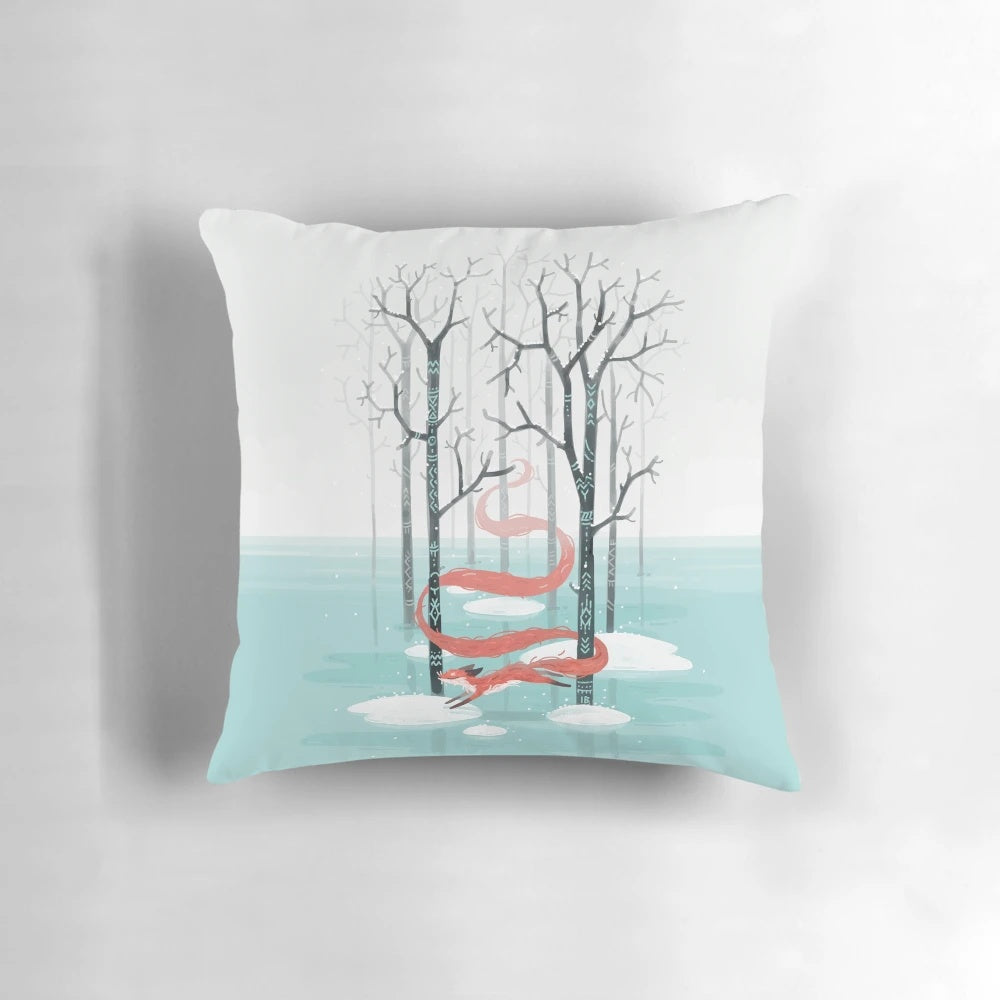 Charming forest spirit animal pillow with fox and winter forest design