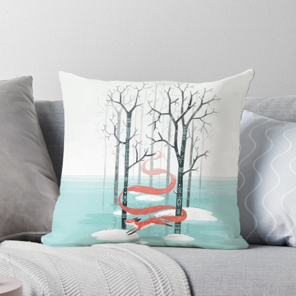 Charming forest spirit animal pillow with fox and winter forest design