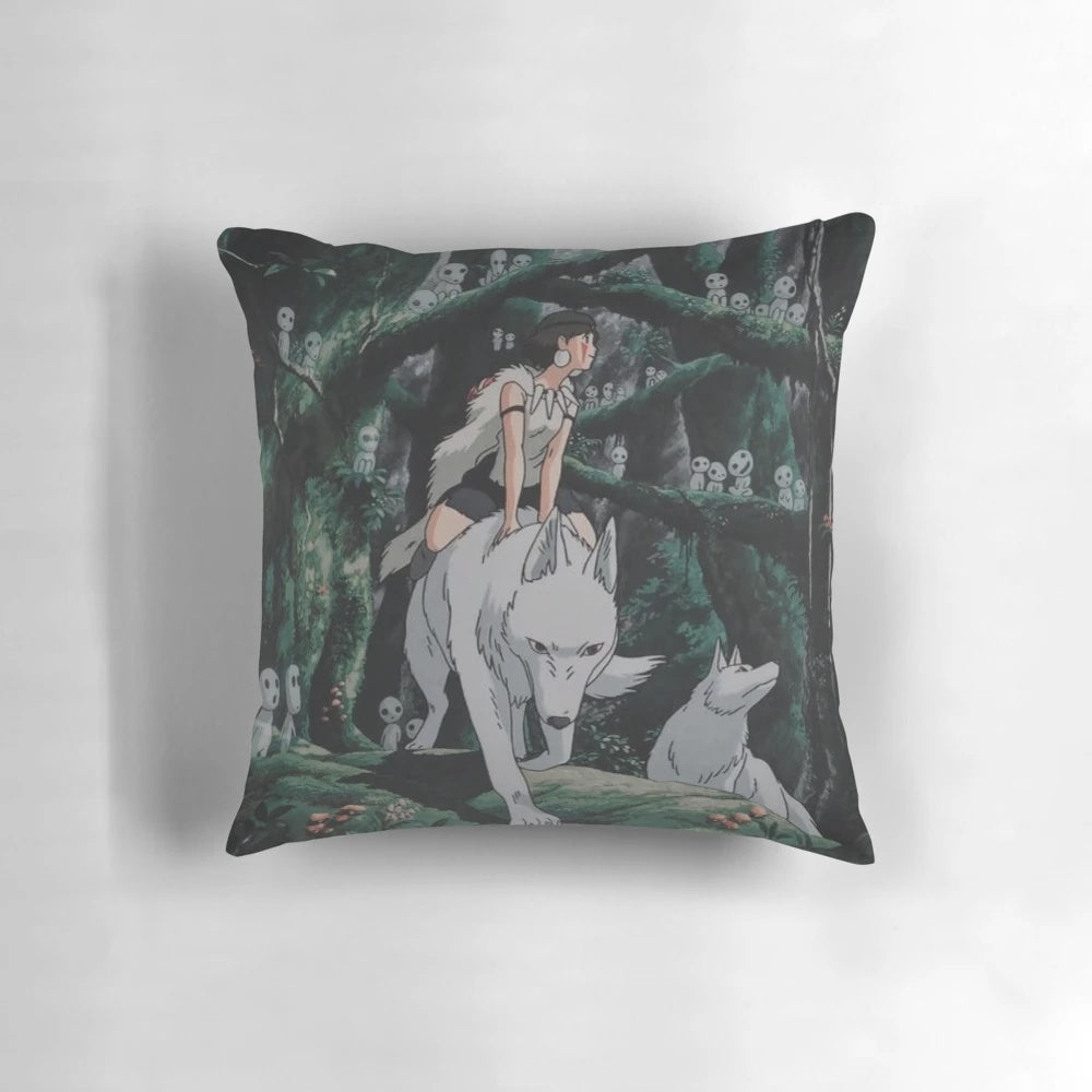 A decorative throw pillow featuring a nature-inspired design inspired by the Studio Ghibli film "Princess Mononoke".