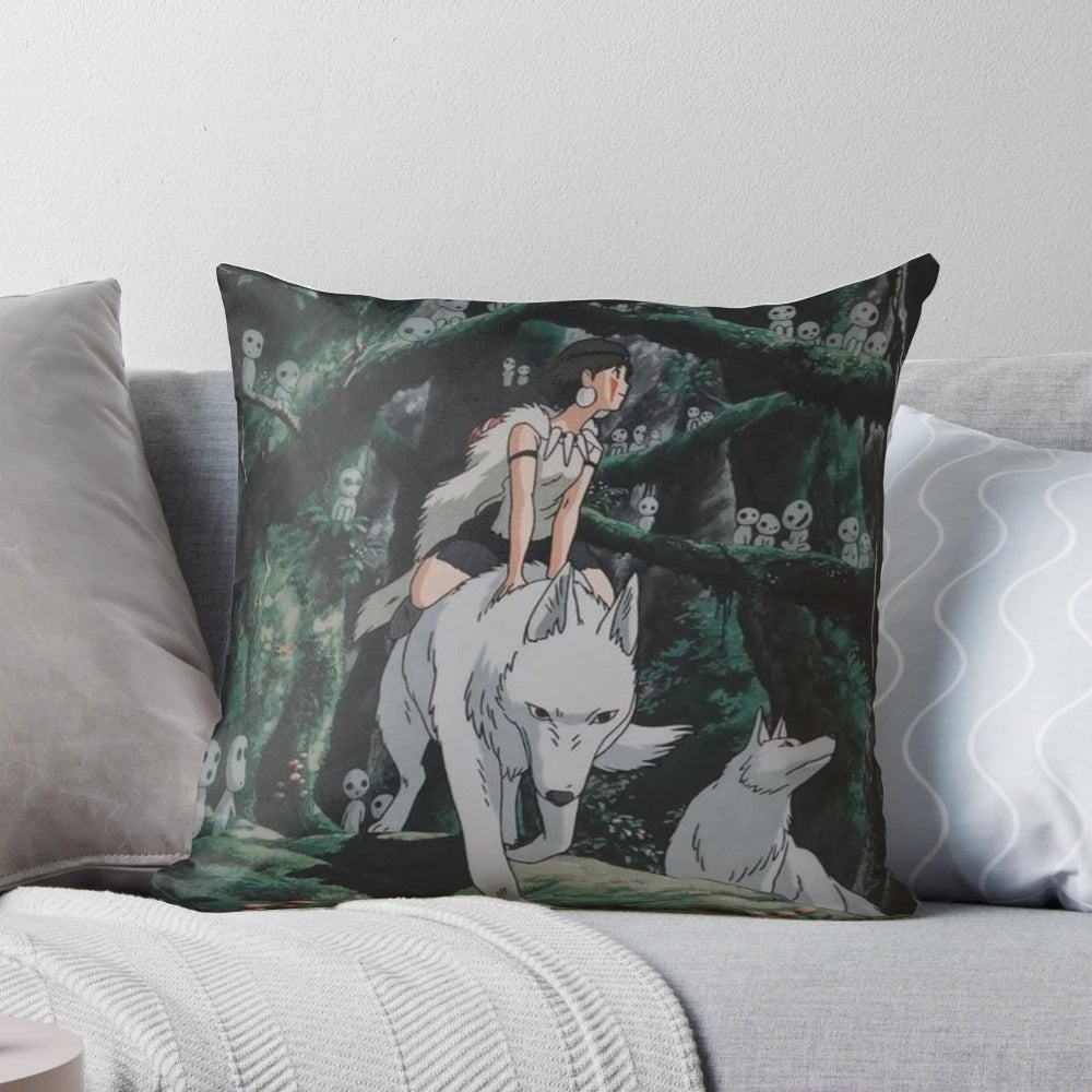 A decorative throw pillow featuring a nature-inspired design inspired by the Studio Ghibli film "Princess Mononoke".