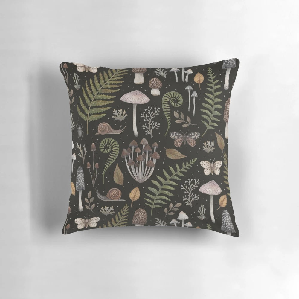 A decorative pillow featuring a whimsical pattern of forest elements like mushrooms, ferns, and moss, creating a captivating botanical and natural aesthetic.