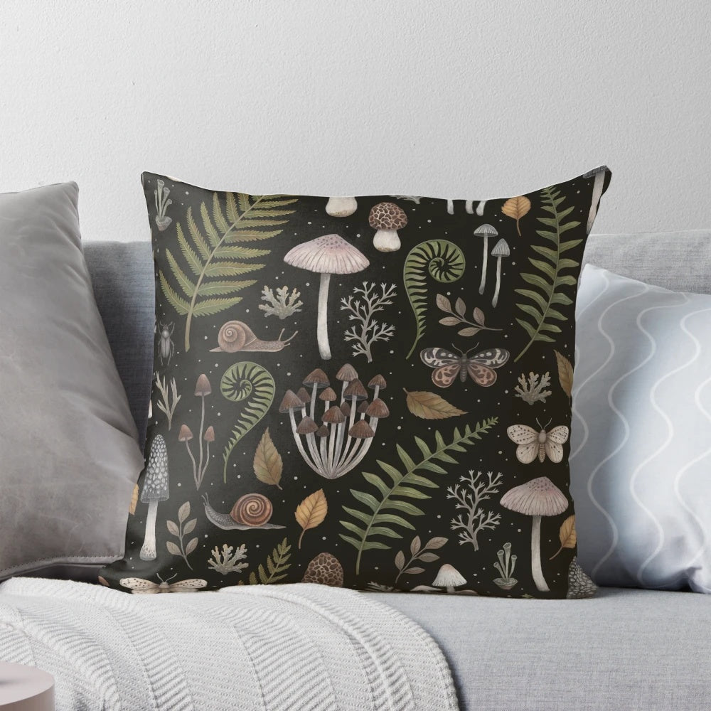 A decorative pillow featuring a whimsical pattern of forest elements like mushrooms, ferns, and moss, creating a captivating botanical and natural aesthetic.