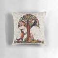 Colorful pillow featuring a fox and crow surrounded by floral and woodland elements