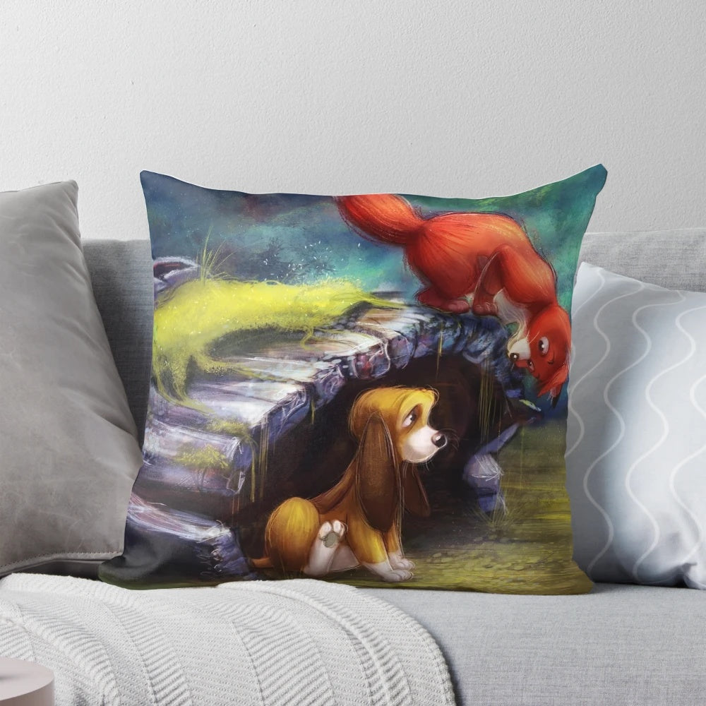 Pillow featuring the iconic Disney characters from "The Fox and the Hound" in a charming forest scene.