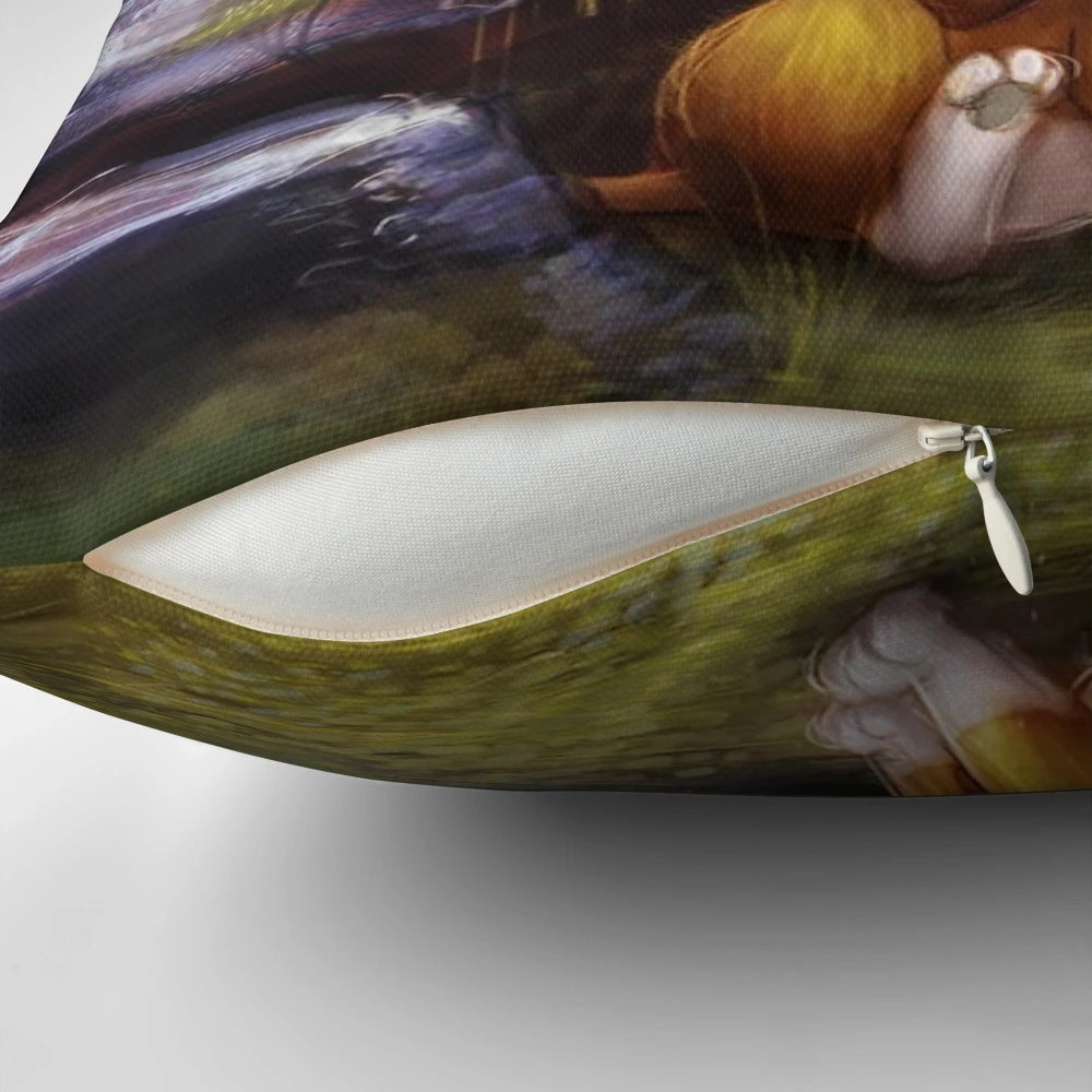 Pillow featuring the iconic Disney characters from "The Fox and the Hound" in a charming forest scene.
