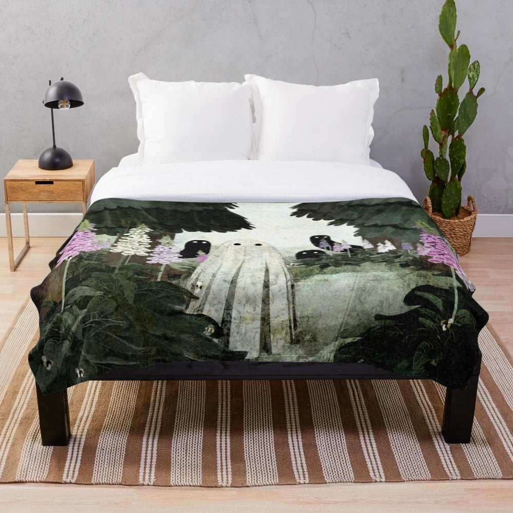 Textured plush blanket featuring ghostly foxglove flowers in a forest setting
