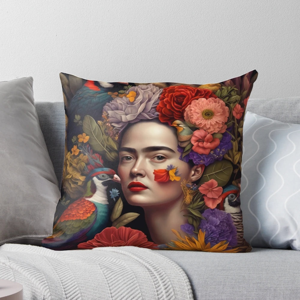 Frida Kahlo bird pillow featuring a beautiful watercolor portrait of the iconic Mexican artist with vibrant floral accents.