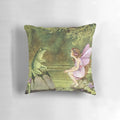Whimsical pillow design featuring a frog and fairy in a fairytale setting