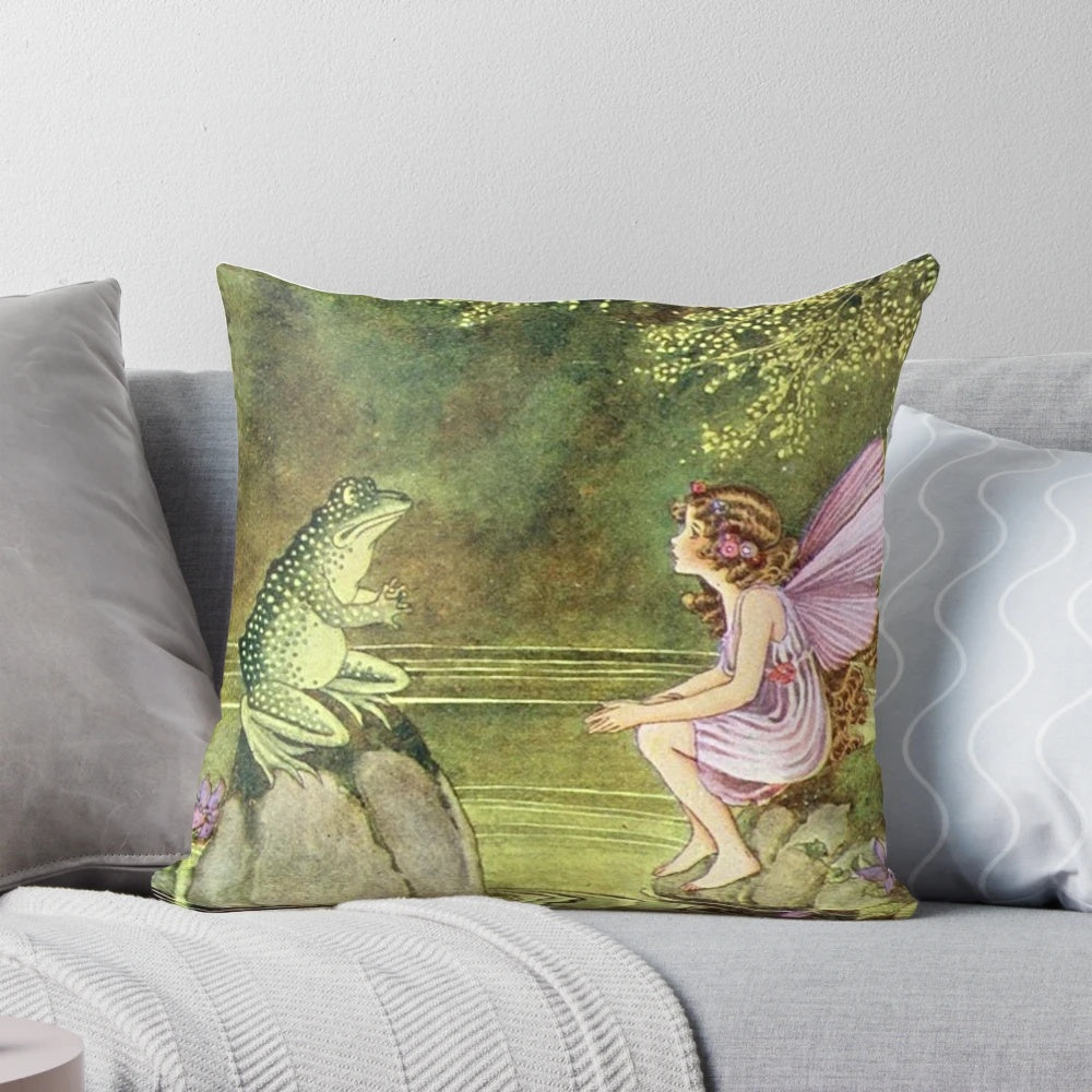 Whimsical pillow design featuring a frog and fairy in a fairytale setting