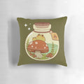 Decorative throw pillow featuring a magical frog and mushroom design