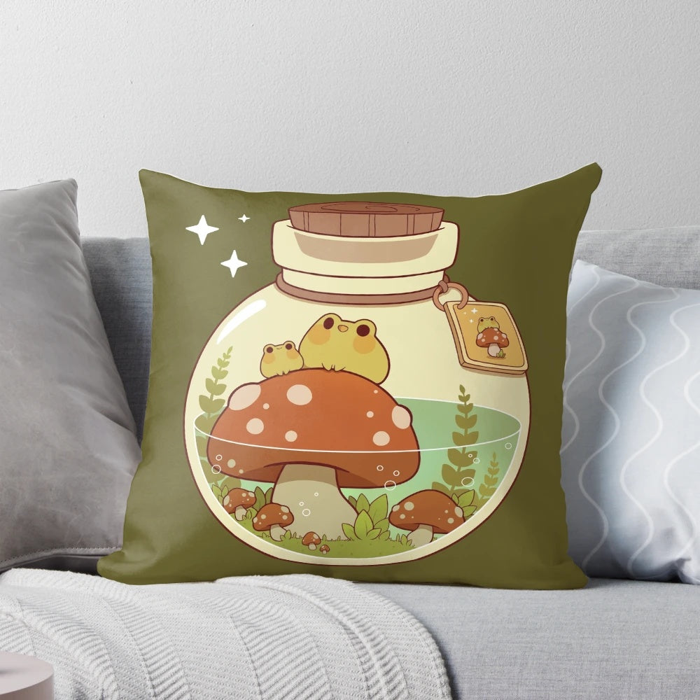 Decorative throw pillow featuring a magical frog and mushroom design