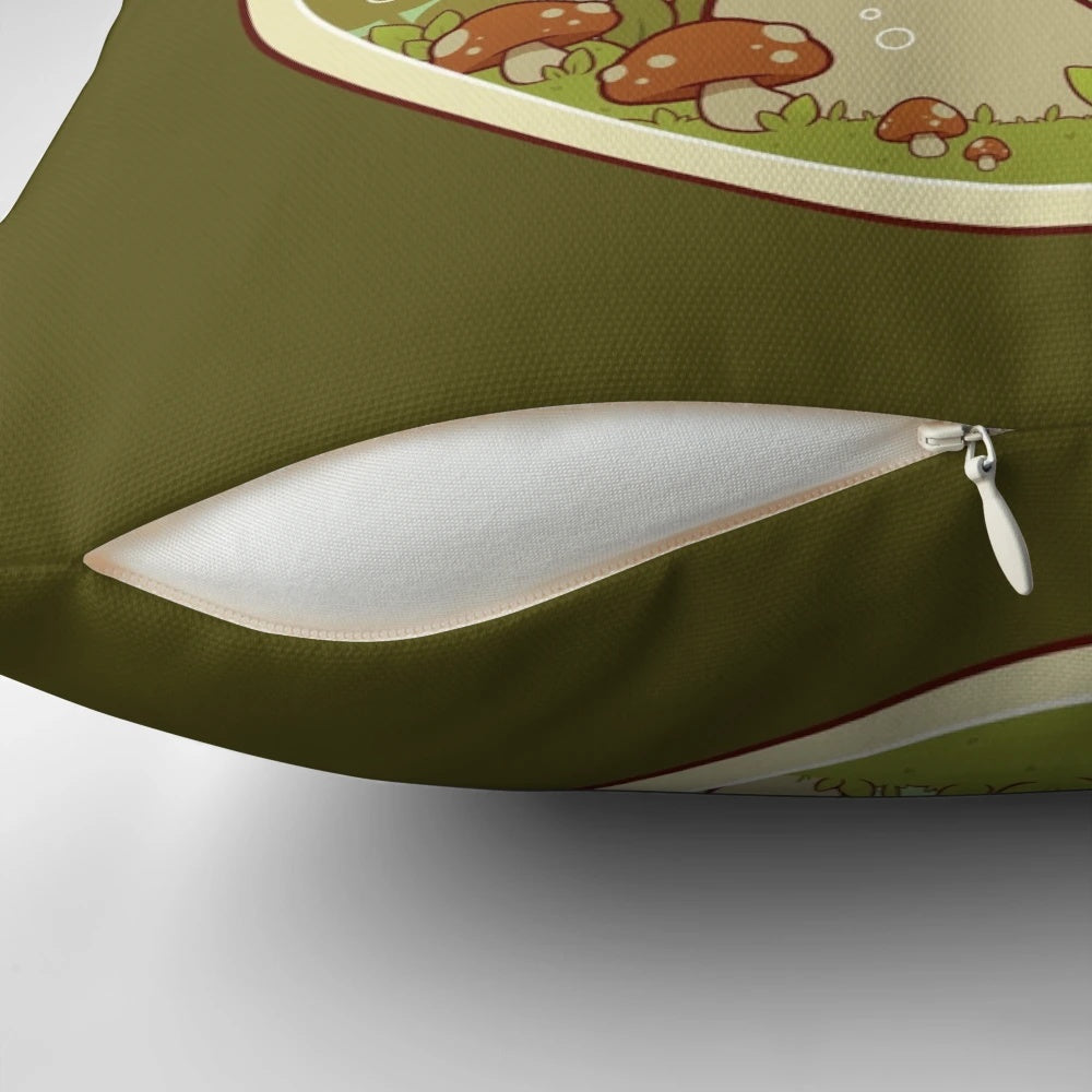 Decorative throw pillow featuring a magical frog and mushroom design