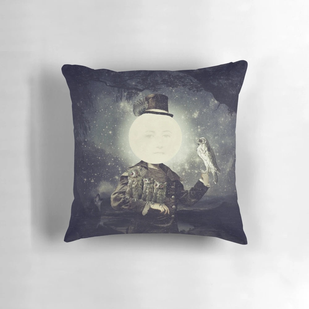 Full moon pillow with enchanting owl, wolf, and lunar design