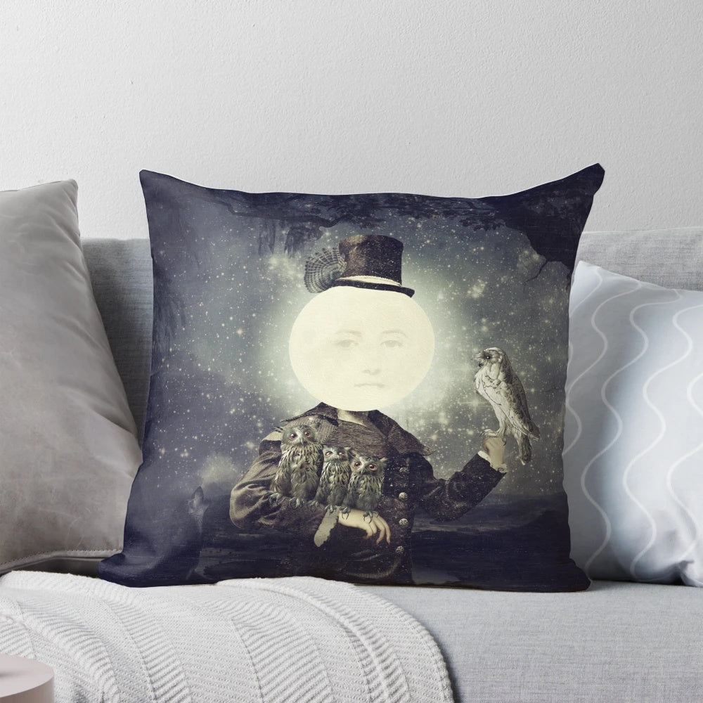 Full moon pillow with enchanting owl, wolf, and lunar design