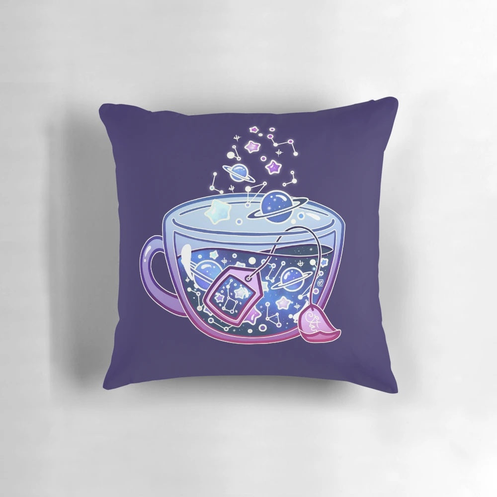 Plush galaxy tea pillow with a night sky design featuring purple, blue, and glittering stars