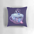 Plush galaxy tea pillow with a night sky design featuring purple, blue, and glittering stars