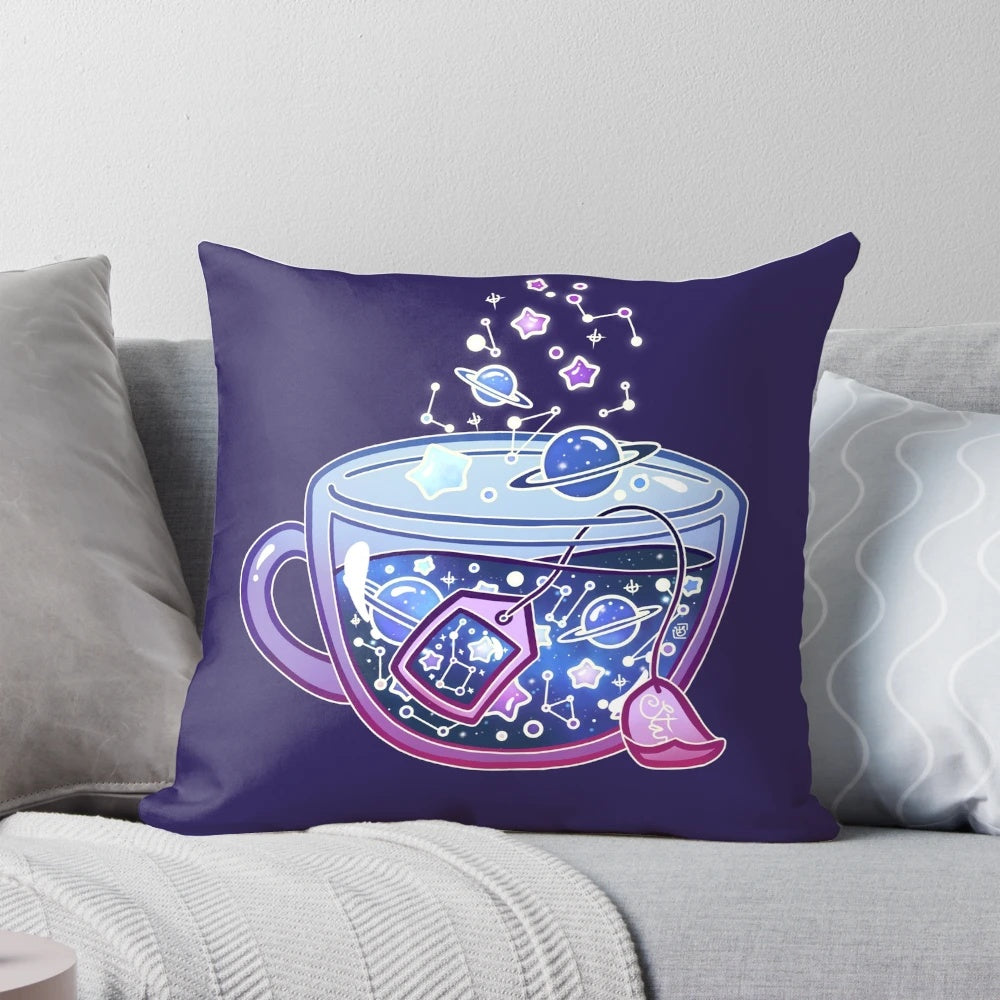 Plush galaxy tea pillow with a night sky design featuring purple, blue, and glittering stars