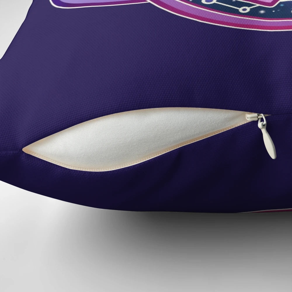 Plush galaxy tea pillow with a night sky design featuring purple, blue, and glittering stars