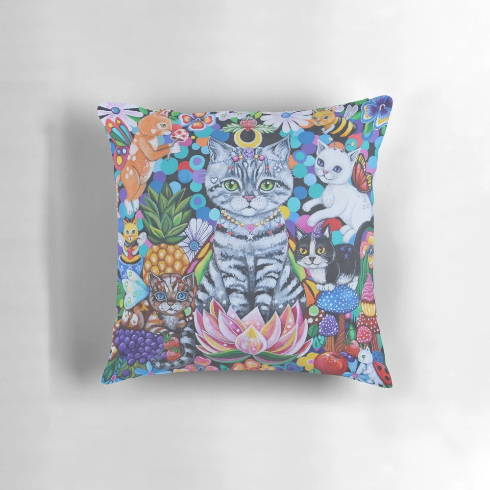 A vibrant and whimsical throw pillow featuring a magical garden scene with cats, kittens, and fantasy elements.